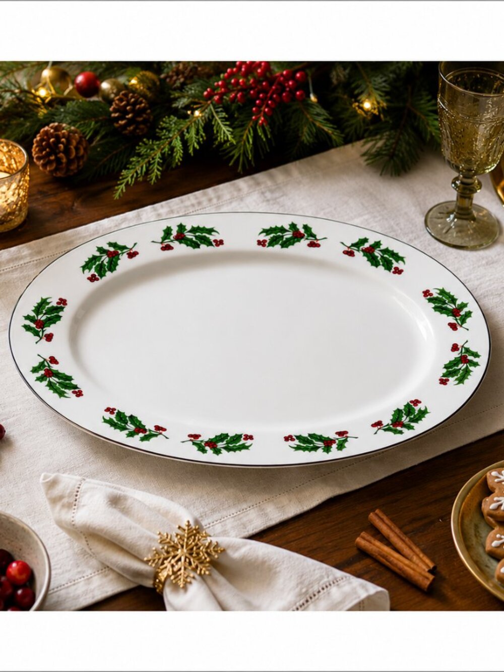 Vintage Christmas Holly Porcelain Serving Platter 14” Oval NOS w/ Box